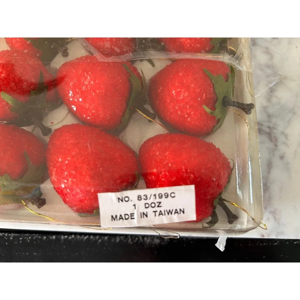 Vintage Sugared Strawberry Ornaments Set of 12 Red Faux Fruit Made in Taiwan